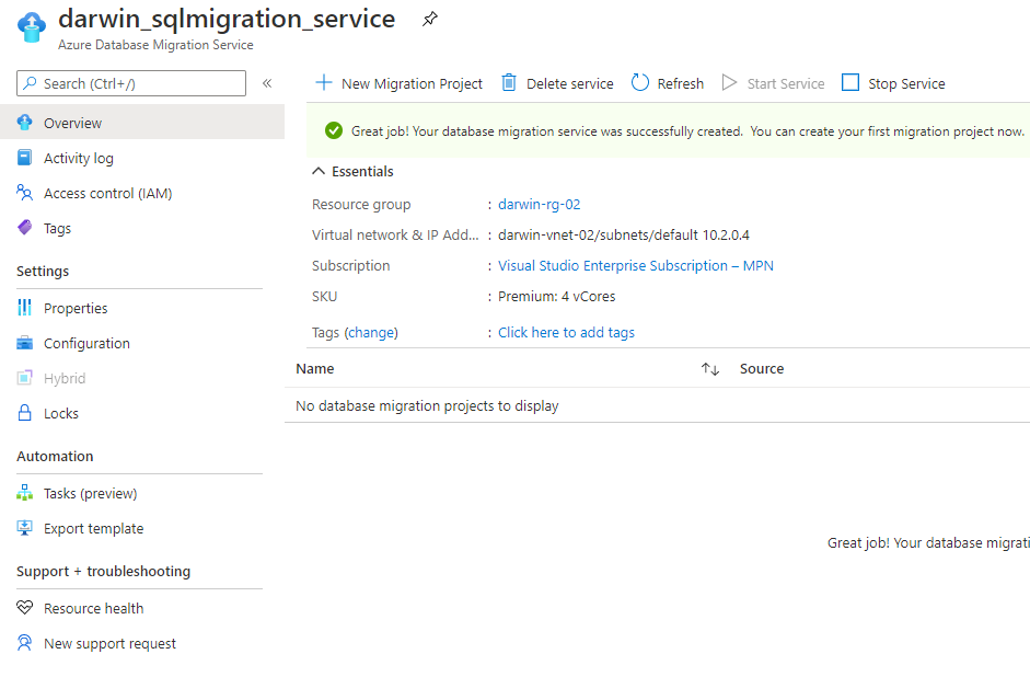 Azure Database Migration Services -created successfully
