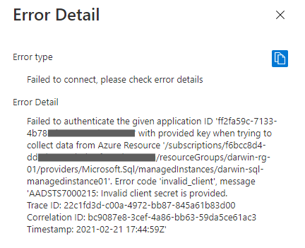 Failed to authenticate the service principal during online database migration