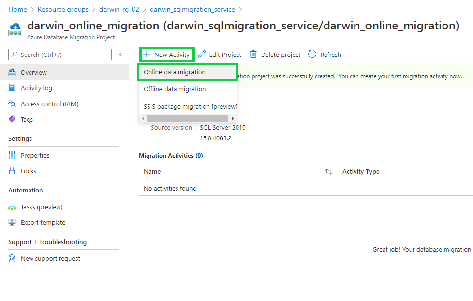 Online database migration activity - new activity