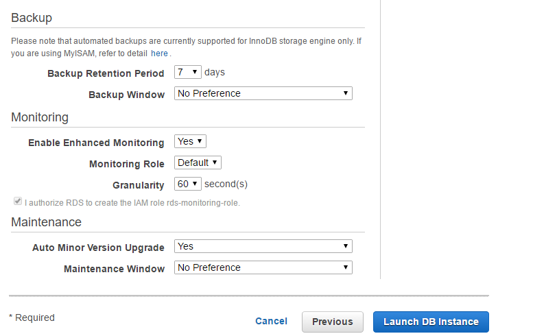 Accept settings and Launch DB Instance