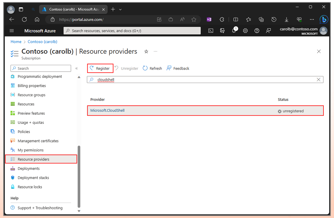 azure cloudshell register resource provider