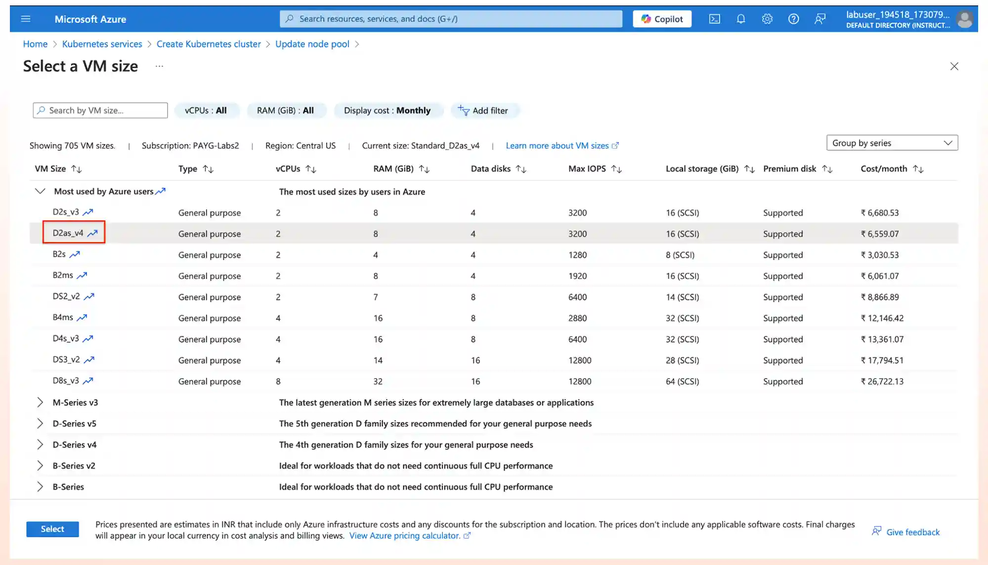 select vm size